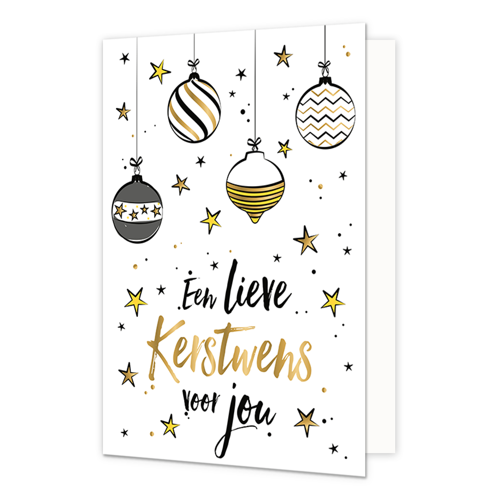 Een lieve kerstwens voor jou - Formaat: Normaal - Vorm: Staand - Kerstkaart - Op deze kerstkaart staan kerstballen en sterren met daaronder de tekst: "Een lieve kerstwens voor jou". - Snelwenskaart