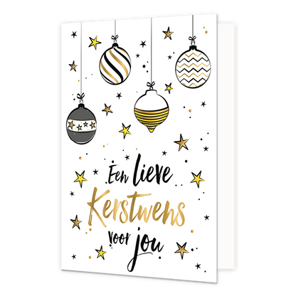 Een lieve kerstwens voor jou - Formaat: Normaal - Vorm: Staand - Kerstkaart - Op deze kerstkaart staan kerstballen en sterren met daaronder de tekst: "Een lieve kerstwens voor jou". - Snelwenskaart