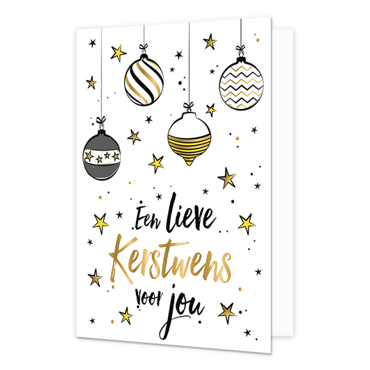 Een lieve kerstwens voor jou - Formaat: Normaal - Vorm: Staand - Kerstkaart - Op deze kerstkaart staan kerstballen en sterren met daaronder de tekst: "Een lieve kerstwens voor jou". - Snelwenskaart
