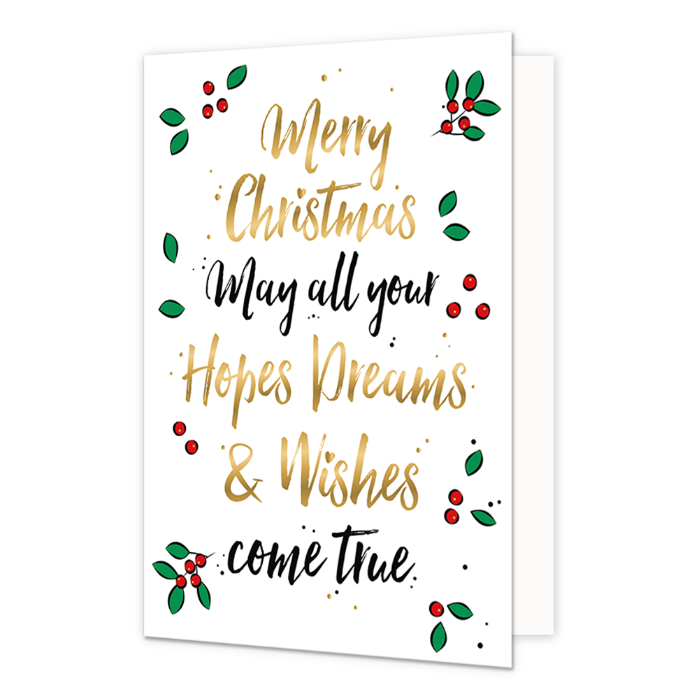 Merry Christmas - Formaat: Normaal - Vorm: Staand - Kerstkaart - Op deze kerstkaart staan groene blaadjes met rode besjes en de tekst: "Merry christmas may all your hopes dreams & wishes come true". - Snelwenskaart