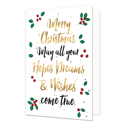 Merry Christmas - Formaat: Normaal - Vorm: Staand - Kerstkaart - Op deze kerstkaart staan groene blaadjes met rode besjes en de tekst: "Merry christmas may all your hopes dreams & wishes come true". - Snelwenskaart