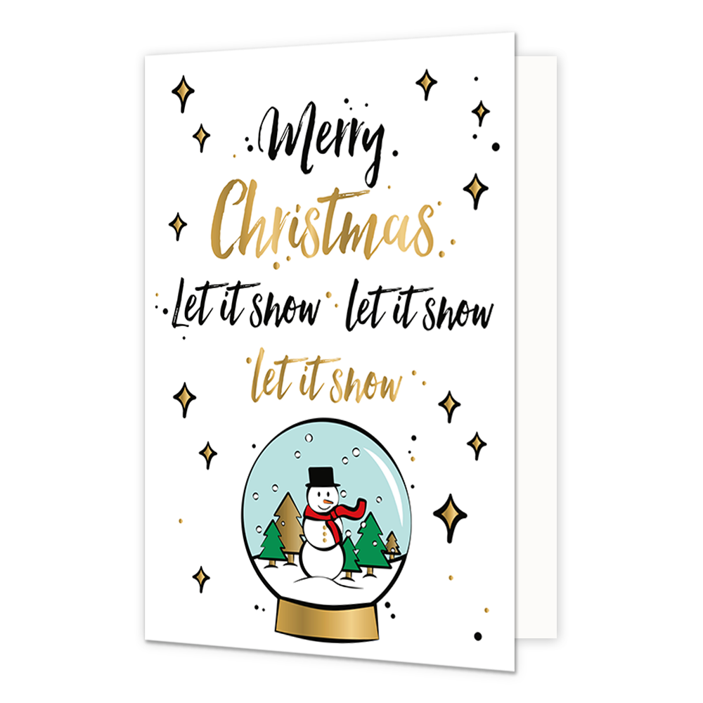 Merry christmas let it snow, let it snow, let it snow - Formaat: Standaard - Vorm: Staand - Kerstkaart - Op deze kerstkaart staat een sneeuwbol omringt door sterren en de tekst: "Merry chrismast let it snow let it snow let is snow". - Snelwenskaart