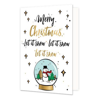 Merry christmas let it snow, let it snow, let it snow - Formaat: Standaard - Vorm: Staand - Kerstkaart - Op deze kerstkaart staat een sneeuwbol omringt door sterren en de tekst: "Merry chrismast let it snow let it snow let is snow". - Snelwenskaart