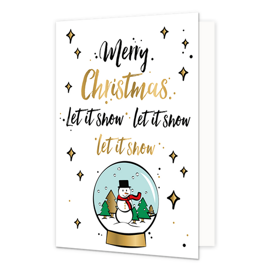 Merry christmas let it snow, let it snow, let it snow - Formaat: Normaal - Vorm: Staand - Kerstkaart - Op deze kerstkaart staat een sneeuwbol omringt door sterren en de tekst: "Merry chrismast let it snow let it snow let is snow". - Snelwenskaart