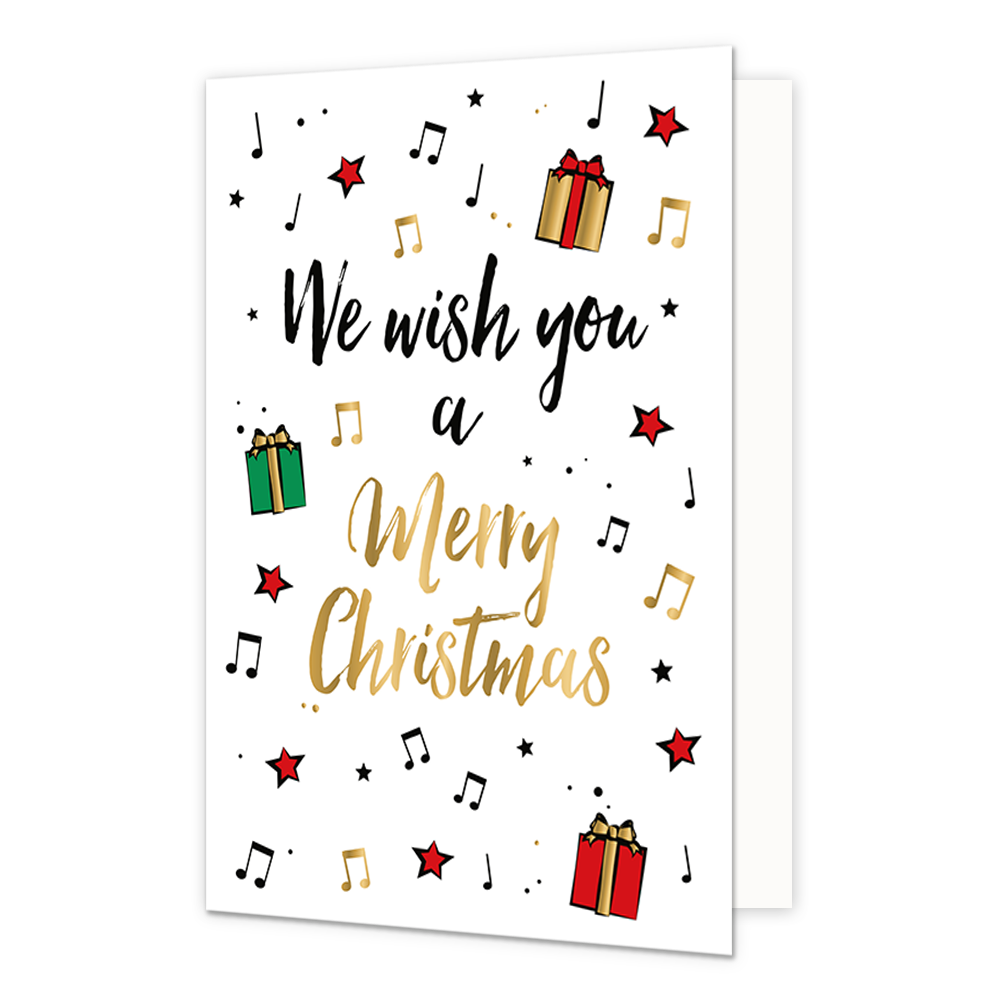We wish you a merry christmas - Formaat: Standaard - Vorm: Staand - Kerstkaart - Op deze kerstkaart staan muzieknoten , cadeaus en de tekst: "We wish you a merry christmas". - Snelwenskaart