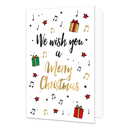 We wish you a merry christmas - Formaat: Standaard - Vorm: Staand - Kerstkaart - Op deze kerstkaart staan muzieknoten , cadeaus en de tekst: "We wish you a merry christmas". - Snelwenskaart