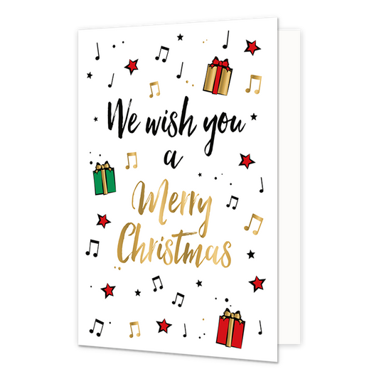 We wish you a merry christmas - Formaat: Normaal - Vorm: Staand - Kerstkaart - Op deze kerstkaart staan muzieknoten , cadeaus en de tekst: "We wish you a merry christmas". - Snelwenskaart