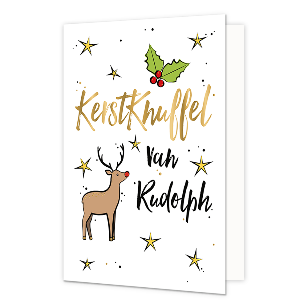 Kerstknuffel van Rudolph - Formaat: Normaal - Vorm: Staand - Kerstkaart - Op deze kerstkaart staat een rendier met daarboven de tekst: "Kerstknuffel van Rudolph". - Snelwenskaart