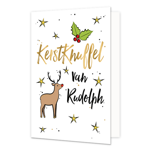 Kerstknuffel van Rudolph - Formaat: Normaal - Vorm: Staand - Kerstkaart - Op deze kerstkaart staat een rendier met daarboven de tekst: "Kerstknuffel van Rudolph". - Snelwenskaart