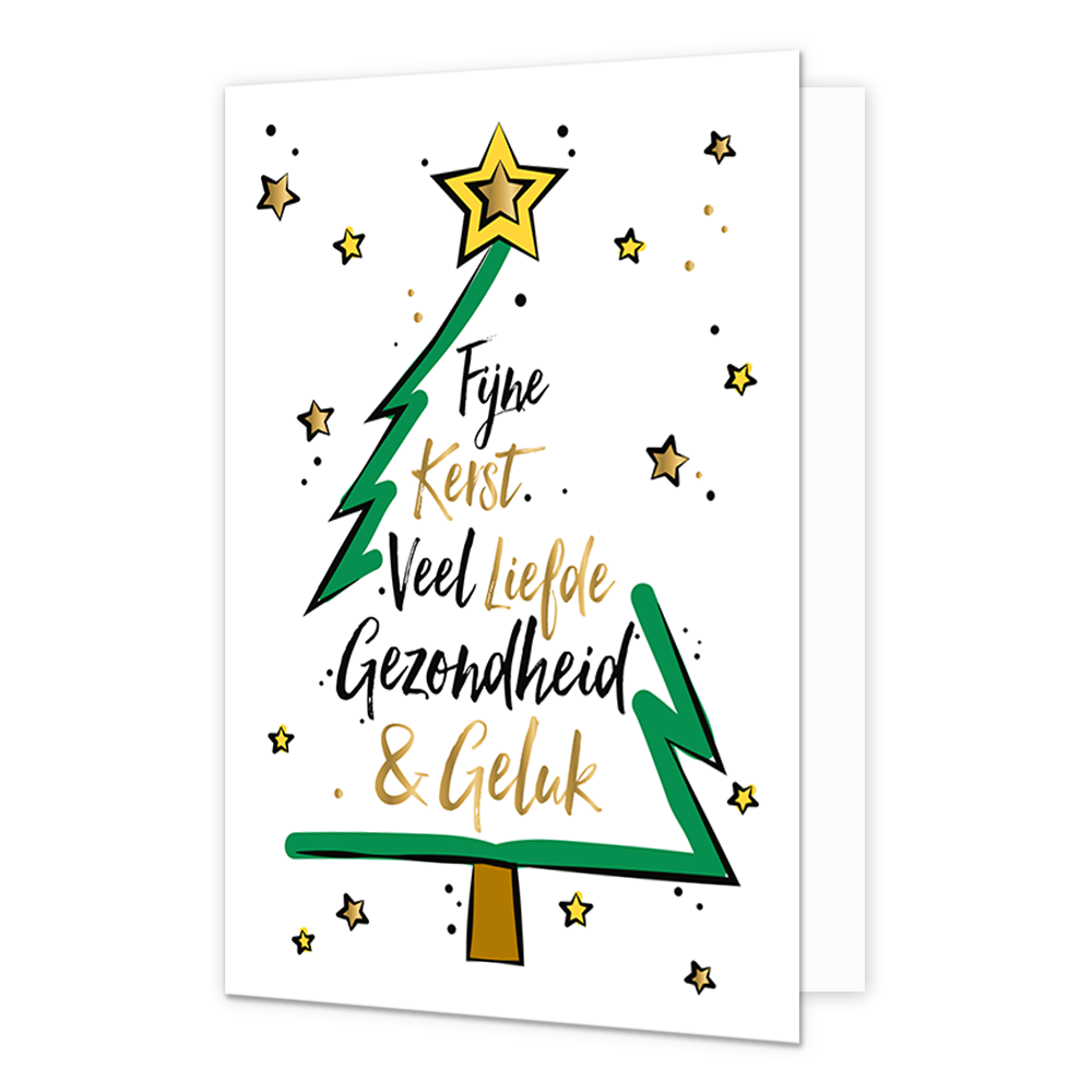 Fijne kerst, veel liefde, gezondheid & geluk - Formaat: Normaal - Vorm: Staand - Kerstkaart - Op deze kerstkaart staat een kerstboom met de tekst: "Fijne kerst veel liefde gezondheid & geluk". - Snelwenskaart