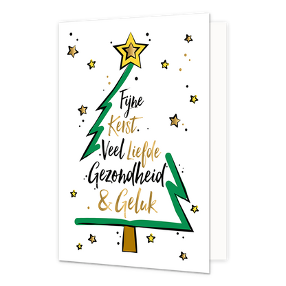 Fijne kerst, veel liefde, gezondheid & geluk - Formaat: Normaal - Vorm: Staand - Kerstkaart - Op deze kerstkaart staat een kerstboom met de tekst: "Fijne kerst veel liefde gezondheid & geluk". - Snelwenskaart