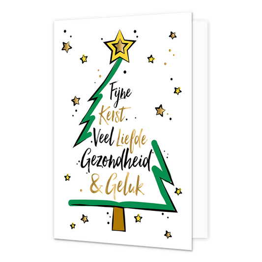 Fijne kerst, veel liefde, gezondheid & geluk - Formaat: Normaal - Vorm: Staand - Kerstkaart - Op deze kerstkaart staat een kerstboom met de tekst: "Fijne kerst veel liefde gezondheid & geluk". - Snelwenskaart