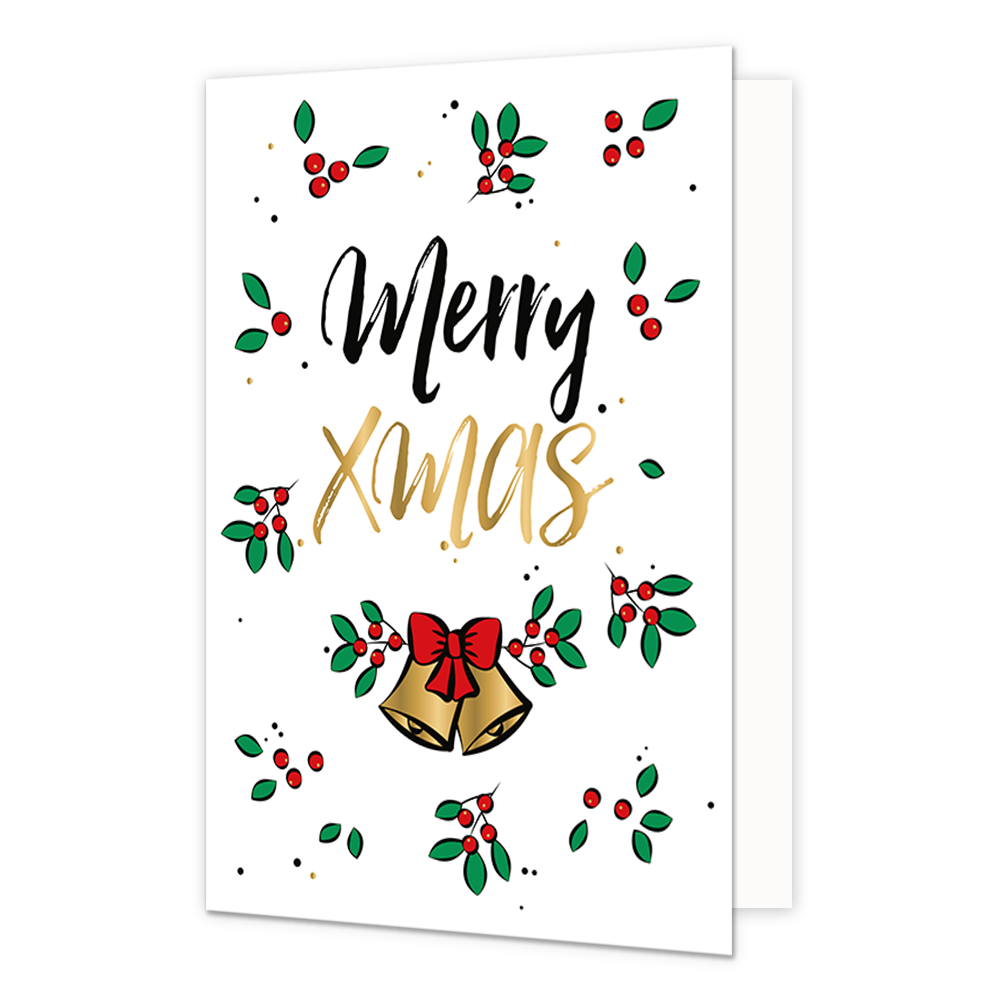 Merry xmas - Formaat: Normaal - Vorm: Staand - Kerstkaart - Op deze kerstkaart staan groene blaadjes met rode besjes en de tekst: "Merry xmas". - Snelwenskaart