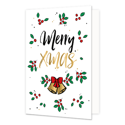 Merry xmas - Formaat: Normaal - Vorm: Staand - Kerstkaart - Op deze kerstkaart staan groene blaadjes met rode besjes en de tekst: "Merry xmas". - Snelwenskaart