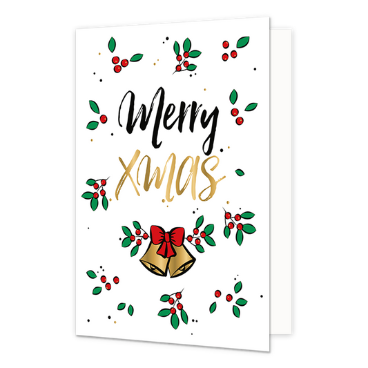 Merry xmas - Formaat: Normaal - Vorm: Staand - Kerstkaart - Op deze kerstkaart staan groene blaadjes met rode besjes en de tekst: "Merry xmas". - Snelwenskaart