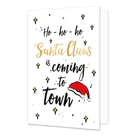 Ho-ho-ho santa claus is coming to town - Formaat: Normaal - Vorm: Staand - Kerstkaart - Op deze kerstkaart staat een kerstmuts met de tekst: "Ho-ho-ho santa claus is coming to town". - Snelwenskaart