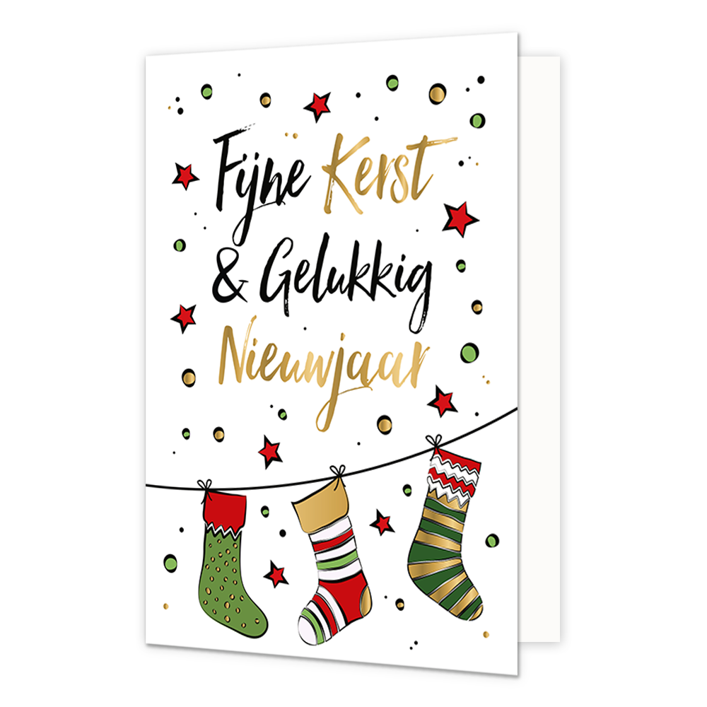 Fijne kerst & gelukkig nieuwjaar - Formaat: Standaard - Vorm: Staand - Kerstkaart - Op deze kerstkaart staat een waslijn met kerstsokken en daarboven de tekst: "Fijne kerst & gelukkig nieuwjaar". - Snelwenskaart