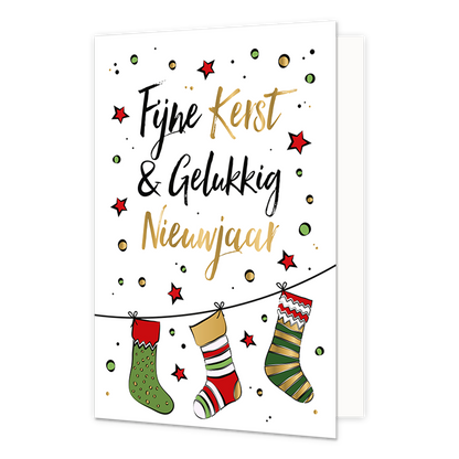 Fijne kerst & gelukkig nieuwjaar - Formaat: Standaard - Vorm: Staand - Kerstkaart - Op deze kerstkaart staat een waslijn met kerstsokken en daarboven de tekst: "Fijne kerst & gelukkig nieuwjaar". - Snelwenskaart