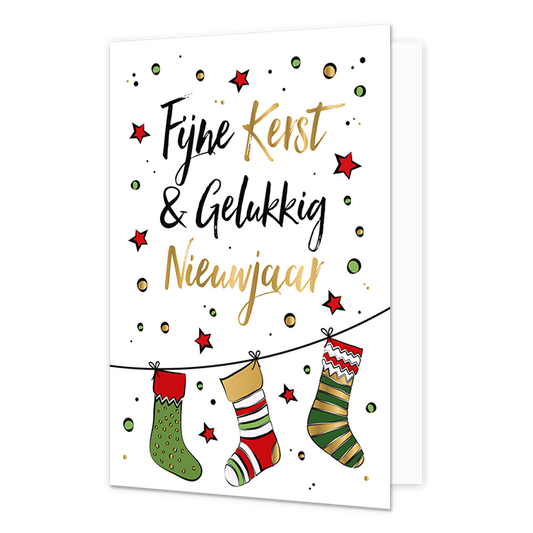 Fijne kerst & gelukkig nieuwjaar - Formaat: Normaal - Vorm: Staand - Kerstkaart - Op deze kerstkaart staat een waslijn met kerstsokken en daarboven de tekst: "Fijne kerst & gelukkig nieuwjaar". - Snelwenskaart