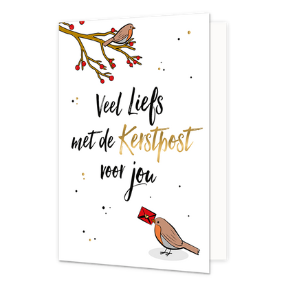 Veel liefs met de kerstpost voor jou - Formaat: Normaal - Vorm: Staand - Kerstkaart - Op deze kerstkaart staan twee vogels met de tekst: "Veel liefs met de kerstpost voor jou". - Snelwenskaart