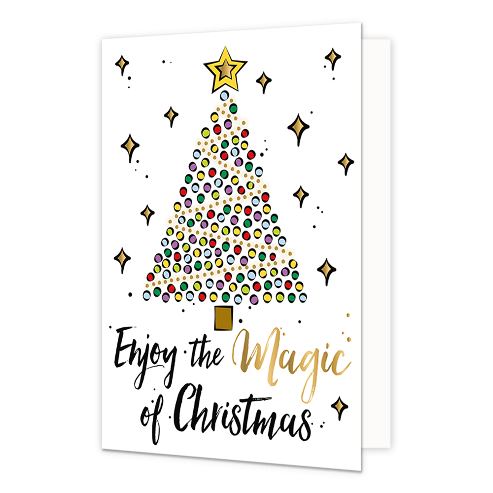 Enjoy the magic - Formaat: Normaal - Vorm: Staand - Kerstkaart - Op deze kerstkaart staat een kerstboom gemaakt van stippen in diverse kleuren en daaronder de tekst: "Enjoy the magic of christmas". - Snelwenskaart