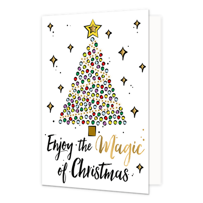 Enjoy the magic - Formaat: Normaal - Vorm: Staand - Kerstkaart - Op deze kerstkaart staat een kerstboom gemaakt van stippen in diverse kleuren en daaronder de tekst: "Enjoy the magic of christmas". - Snelwenskaart
