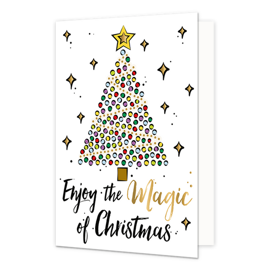 Enjoy the magic - Formaat: Normaal - Vorm: Staand - Kerstkaart - Op deze kerstkaart staat een kerstboom gemaakt van stippen in diverse kleuren en daaronder de tekst: "Enjoy the magic of christmas". - Snelwenskaart