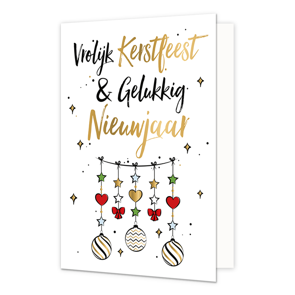 Vrolijk kerstfeest & gelukkig nieuwjaar - Formaat: Normaal - Vorm: Staand - Kerstkaart - Op deze kerstkaart staat een slinger lijn met kerstballen eraan en daarboven de tekst: "Vrolijk kerstfeest & gelukkig nieuwjaar". - Snelwenskaart