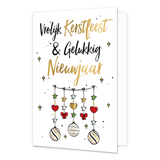 Vrolijk kerstfeest & gelukkig nieuwjaar - Formaat: Normaal - Vorm: Staand - Kerstkaart - Op deze kerstkaart staat een slinger lijn met kerstballen eraan en daarboven de tekst: "Vrolijk kerstfeest & gelukkig nieuwjaar". - Snelwenskaart
