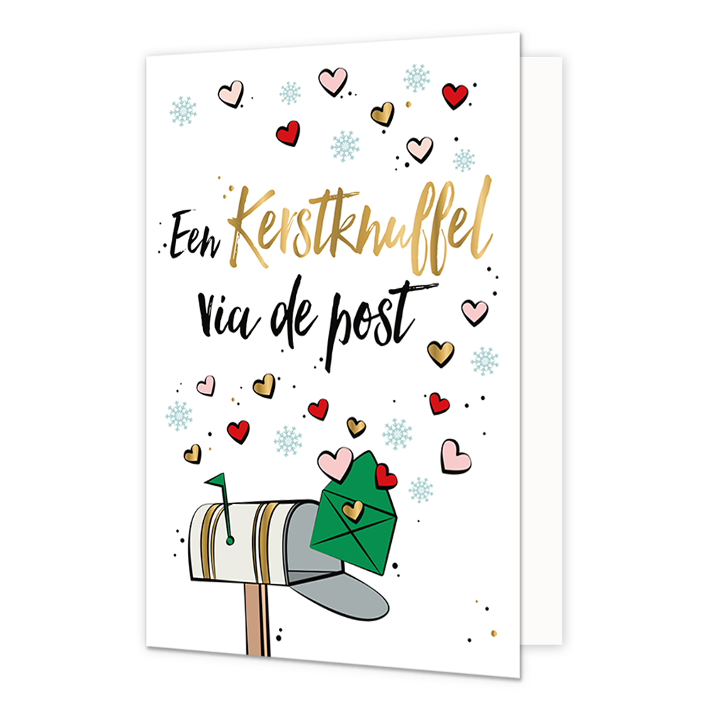 Een kerstknuffel via de post - Formaat: Normaal - Vorm: Staand - Kerstkaart - Op deze kerstkaart staat een brievenbus omringt door hartjes en de tekst: "Een kerstknuffel via de post". - Snelwenskaart