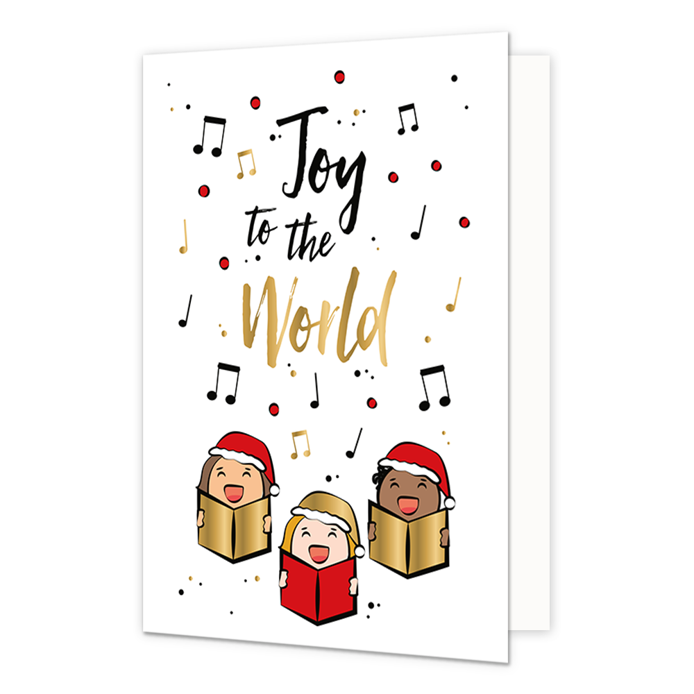 Joy to the world - Formaat: Normaal - Vorm: Staand - Kerstkaart - Op deze kerstkaart staan drie personen die liedjes zingen, omringt door muzieknoten en de tekst: "Joy to the world". - Snelwenskaart