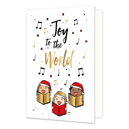 Joy to the world - Formaat: Normaal - Vorm: Staand - Kerstkaart - Op deze kerstkaart staan drie personen die liedjes zingen, omringt door muzieknoten en de tekst: "Joy to the world". - Snelwenskaart