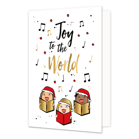 Joy to the world - Formaat: Normaal - Vorm: Staand - Kerstkaart - Op deze kerstkaart staan drie personen die liedjes zingen, omringt door muzieknoten en de tekst: "Joy to the world". - Snelwenskaart