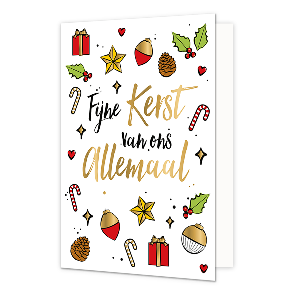 Fijne kerst van ons allemaal - Formaat: Normaal - Vorm: Staand - Kerstkaart - Op deze kerstkaart staan zuurstokken, dennenappels en kerstballen met in het midden de tekst: "Fijne kerst van ons allemaal". - Snelwenskaart
