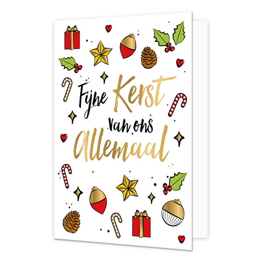 Fijne kerst van ons allemaal - Formaat: Normaal - Vorm: Staand - Kerstkaart - Op deze kerstkaart staan zuurstokken, dennenappels en kerstballen met in het midden de tekst: "Fijne kerst van ons allemaal". - Snelwenskaart