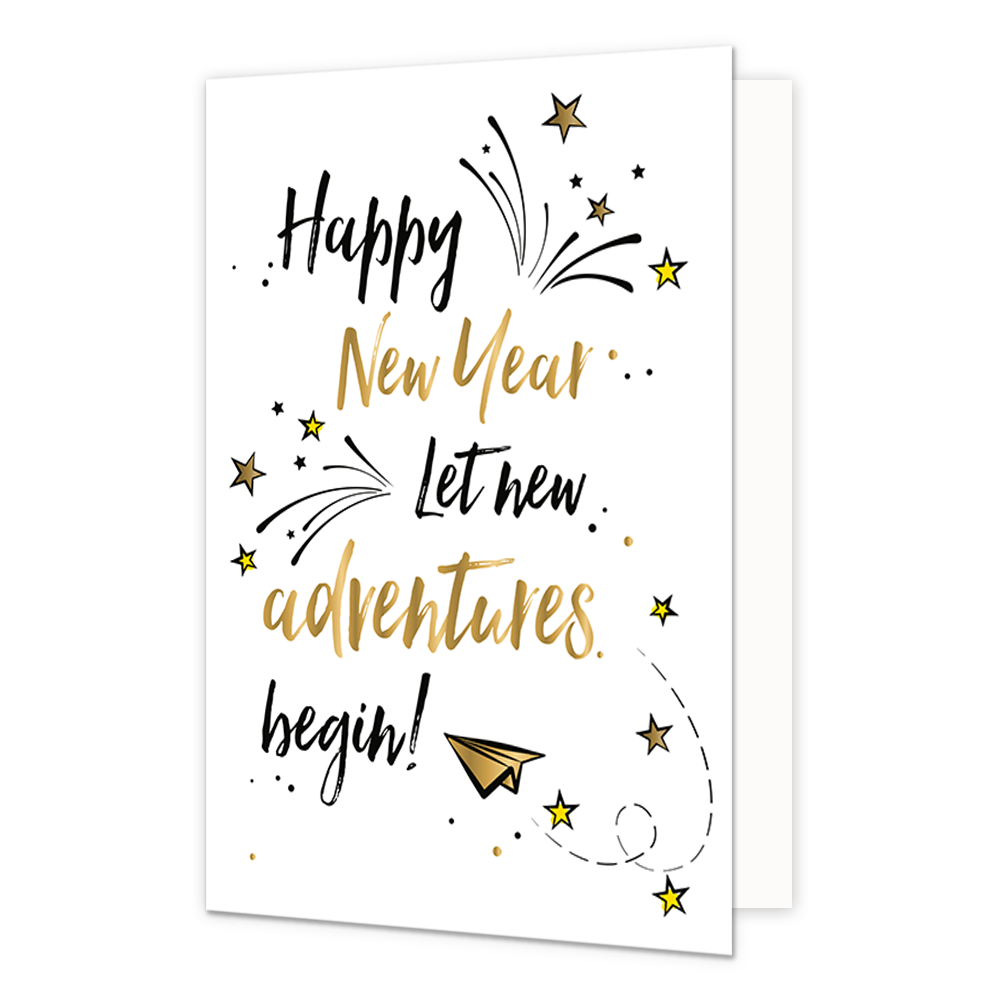 Happy new year let new adventures begin - Formaat: Normaal - Vorm: Staand - Kerstkaart - Op deze kerstkaart staan sterren en een papieren vliegtuigje met in het midden de tekst: "Happy new year let net adventures begin!". - Snelwenskaart