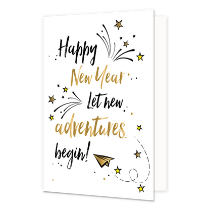 Happy new year let new adventures begin - Formaat: Normaal - Vorm: Staand - Kerstkaart - Op deze kerstkaart staan sterren en een papieren vliegtuigje met in het midden de tekst: "Happy new year let net adventures begin!". - Snelwenskaart