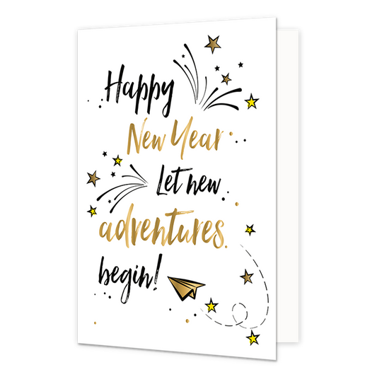 Happy new year let new adventures begin - Formaat: Normaal - Vorm: Staand - Kerstkaart - Op deze kerstkaart staan sterren en een papieren vliegtuigje met in het midden de tekst: "Happy new year let net adventures begin!". - Snelwenskaart
