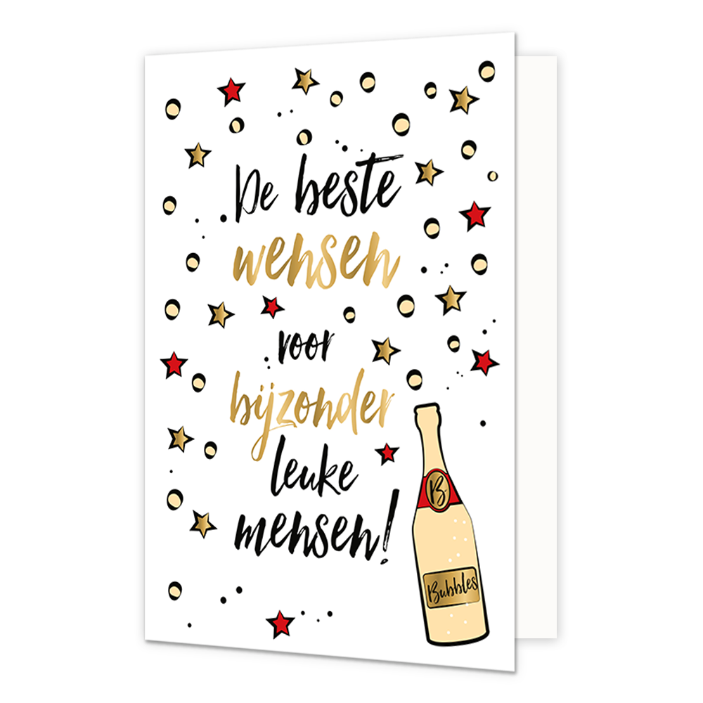 De beste wensen voor bijzonder leuke mensen - Formaat: Normaal - Vorm: Staand - Kerstkaart - Op deze kerstkaart staat een champagnefles omringt door bubbels en in het midden de tekst: "De beste wensen voor bijzonder leuke mensen!". - Snelwenskaart