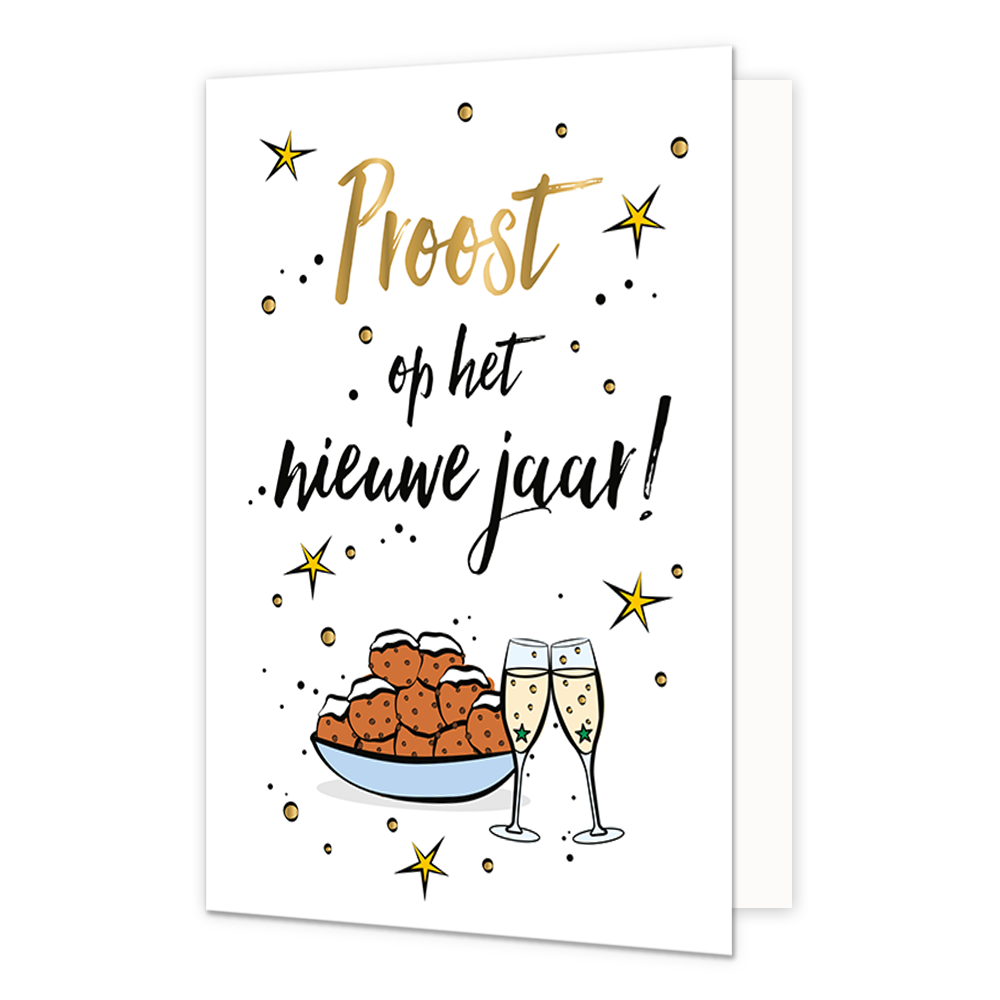 Proost op het nieuwe jaar! - Formaat: Normaal - Vorm: Staand - Kerstkaart - Op deze kerstkaart staan champagneglazen en oliebollen met de tekst: "Proost op het nieuwe jaar!". - Snelwenskaart