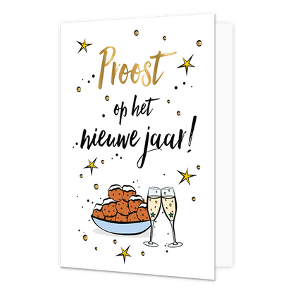 Proost op het nieuwe jaar! - Formaat: Normaal - Vorm: Staand - Kerstkaart - Op deze kerstkaart staan champagneglazen en oliebollen met de tekst: "Proost op het nieuwe jaar!". - Snelwenskaart