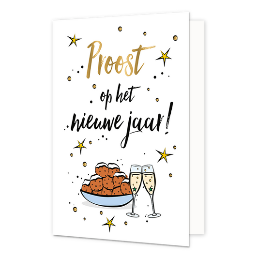Proost op het nieuwe jaar! - Formaat: Normaal - Vorm: Staand - Kerstkaart - Op deze kerstkaart staan champagneglazen en oliebollen met de tekst: "Proost op het nieuwe jaar!". - Snelwenskaart