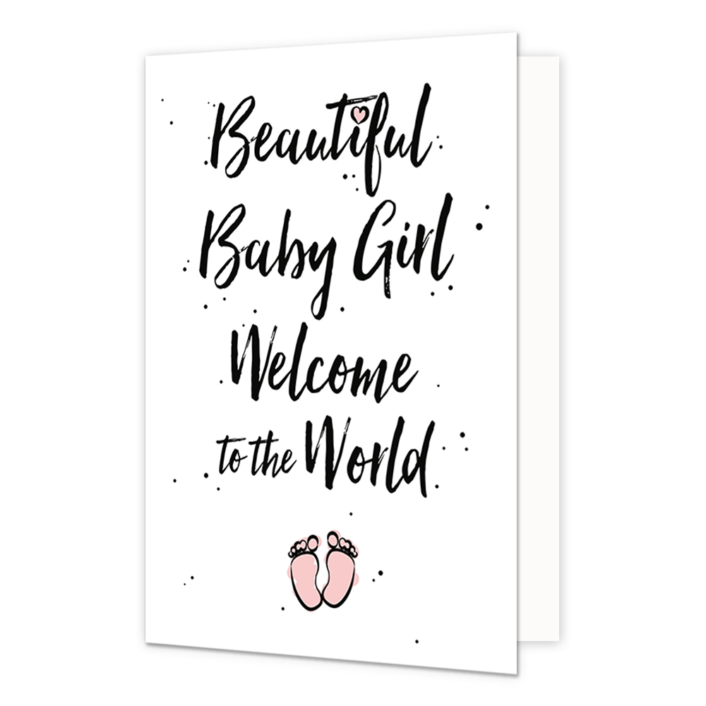 Beautiful baby girl - Formaat: Standaard - Vorm: Staand - Geboortekaart - Op deze wenskaart staat de tekst: "Beautiful baby girl welcome to the world" met babyvoetjes eronder. - Snelwenskaart