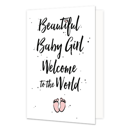 Beautiful baby girl - Formaat: Standaard - Vorm: Staand - Geboortekaart - Op deze wenskaart staat de tekst: "Beautiful baby girl welcome to the world" met babyvoetjes eronder. - Snelwenskaart