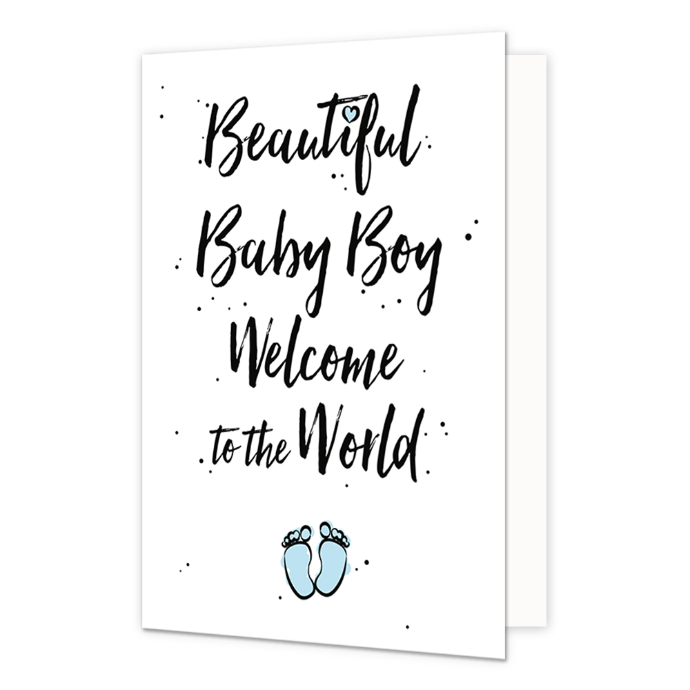 Beautiful baby boy - Formaat: Standaard - Vorm: Staand - Geboortekaart - Op deze wenskaart staat de tekst: "Beautiful baby boy welcome to the world" met babyvoetjes eronder. - Snelwenskaart