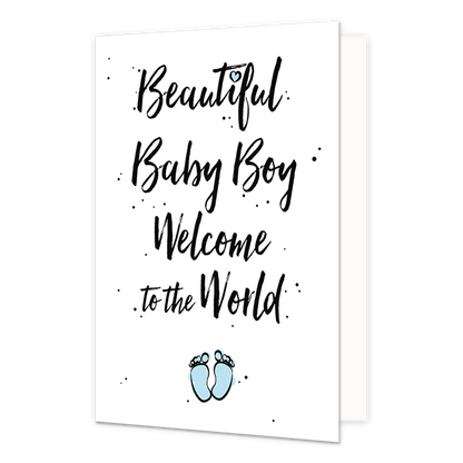 Beautiful baby boy - Formaat: Standaard - Vorm: Staand - Geboortekaart - Op deze wenskaart staat de tekst: "Beautiful baby boy welcome to the world" met babyvoetjes eronder. - Snelwenskaart