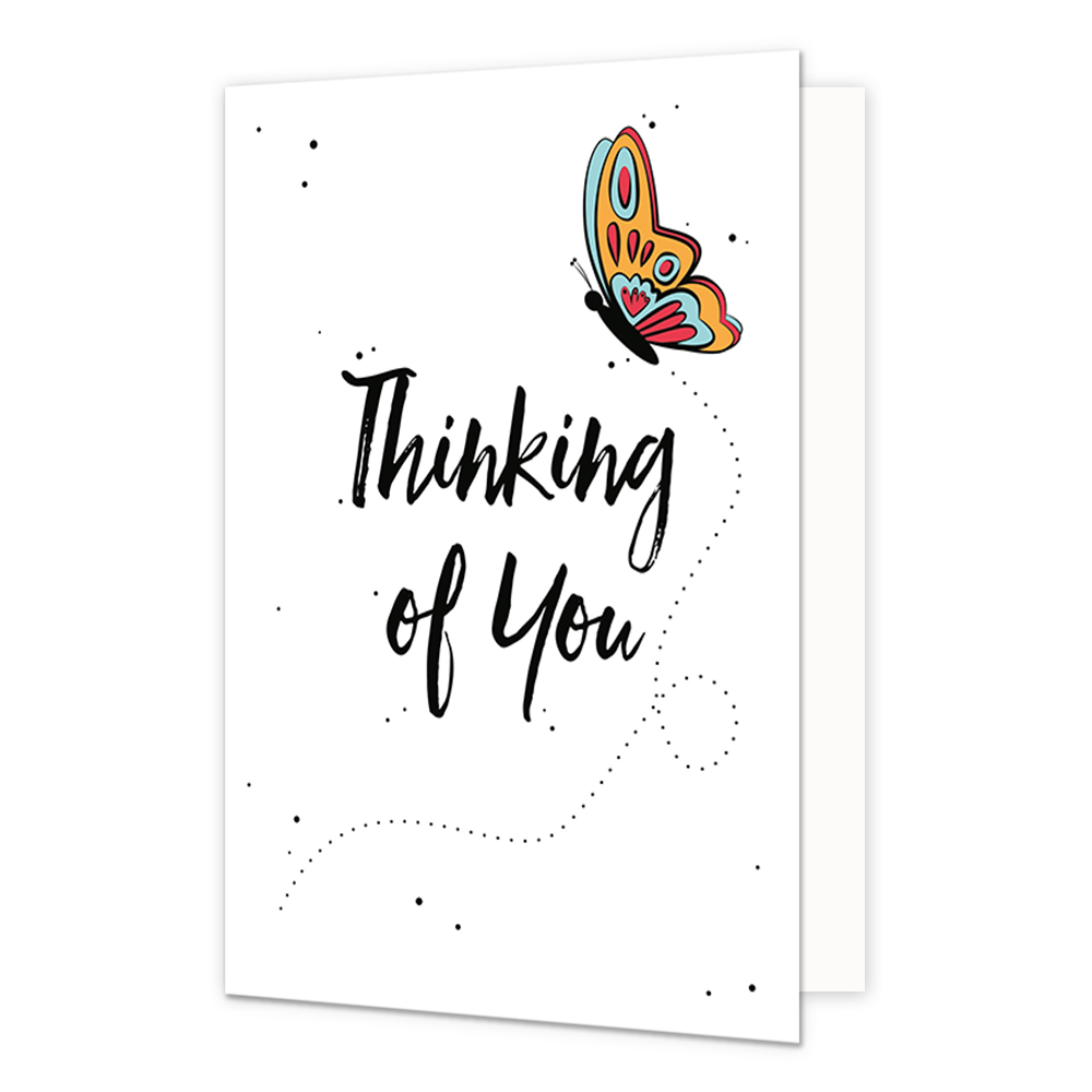 Thinking of you - Formaat: Normaal - Vorm: Staand - Denken aan kaart - Op deze wenskaart staat de tekst: "Thinking of you" met een vlinder erboven. - Snelwenskaart