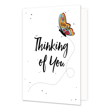 Thinking of you - Formaat: Normaal - Vorm: Staand - Denken aan kaart - Op deze wenskaart staat de tekst: "Thinking of you" met een vlinder erboven. - Snelwenskaart
