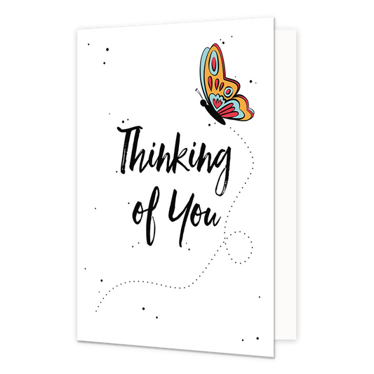 Thinking of you - Formaat: Normaal - Vorm: Staand - Denken aan kaart - Op deze wenskaart staat de tekst: "Thinking of you" met een vlinder erboven. - Snelwenskaart