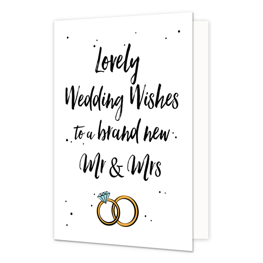 Lovely wedding wishes - Formaat: Normaal - Vorm: Staand - Huwelijkskaart - Op deze wenskaart staat de tekst: "Lovely wedding wishes to a brand new MR & MRS" met daaronder trouwringen. - Snelwenskaart
